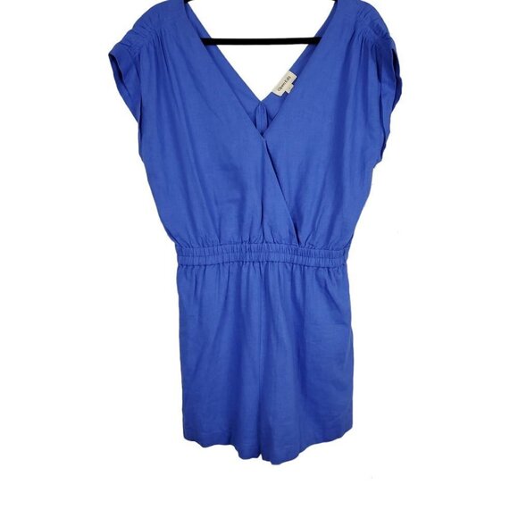 🔥Open Edit V Neck Linen Blend Blue Amparo Romper - Picture 2 of 8